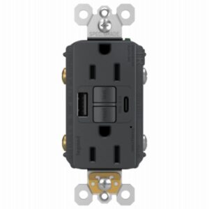 Legrand radiantÂ® 1597TRUSBACGC4 Self-Test GFCI USB Outlet, 2-Pole, 15/2.1 A, 125 VAC, 1-Gang, 2-USB Port, Graphite