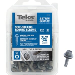 Teks 21408 Roofing Screw, #12 Thread, Fine Thread, Hex Drive, Drill Point, Steel, Zinc