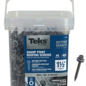 Teks 21406 Roofing Screw, #9 Thread, Coarse Thread, Hex Drive, Self-Tapping, Sharp Point, Steel, Zinc