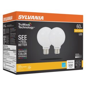 Sylvania 40767 Natural LED Bulb, Globe, G25 Lamp, 60 W Equivalent, E26 Lamp Base, Dimmable, Frosted, Soft White Light