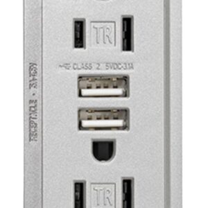 Arrow Hart TR7755SG-K-L Combination USB Receptacle, 2 -Pole, 3.1 A USB, 15 A Receptacle, 2 -USB Port, Silver Granite