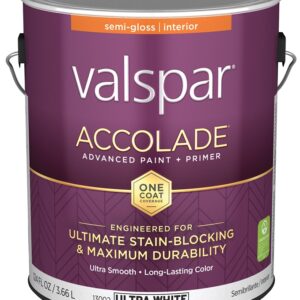 Valspar Accolade 1300 028.0013002.007 Latex Paint, Acrylic Base, Semi-Gloss, Ultra White, 1 gal, Plastic Can