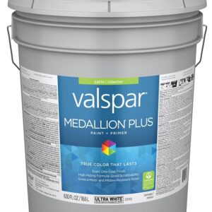 Valspar Medallion Plus 2300 028.0023002.008 Latex Paint, Acrylic Base, Satin Sheen, Ultra White Base, 5 gal
