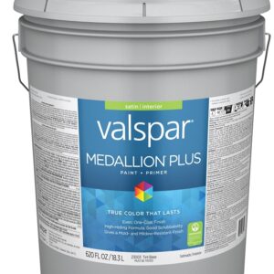 Valspar Medallion Plus 2300 028.0023003.008 Latex Paint, Acrylic Base, Satin Sheen, Tint Base, 5 gal, Plastic Pail