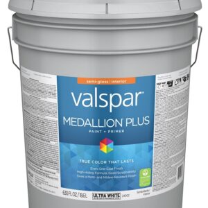 Valspar Medallion Plus 2700 028.0024002.008 Latex Paint, Acrylic Base, Semi-Gloss Sheen, Ultra White Base, 5 gal
