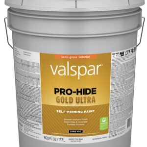 Valspar Pro-Hide Gold Ultra 6400 028.0064003.008 Latex Paint, Acrylic Base, Semi-Gloss Sheen, Tint White, 5 gal