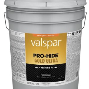 Valspar Pro-Hide Gold Ultra 6700 028.0067003.008 Latex Paint, Acrylic Base, Semi-Gloss Sheen, Clear Base, 5 gal
