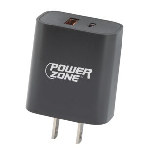 PowerZone CA-43AT PD+QC Dual USB Wall Charger, 100 to 240 V Input, 3 A Charge, Black