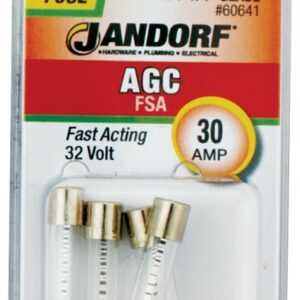 Jandorf 60641 Series Fast Acting Fuse, 0.002 Ohm, 30 A, 32 V, 1 kA Interrupt, Glass Body, 1-1/4 in Length