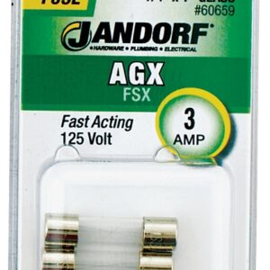 Jandorf 60659 Fast Acting Fuse, 3 A, 125 V, 100 A, 10 kA Interrupt, Glass Body