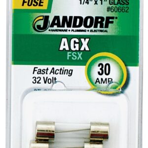 Jandorf 60662 Fast Acting Fuse, 30 A, 32 V, 100, 1000 A Interrupt, Glass Body