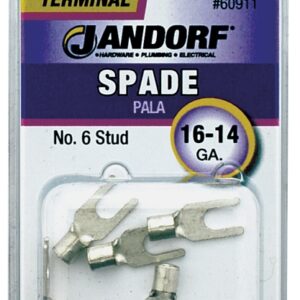 Jandorf 60911 Spade Terminal, 600 V, 16 to 14 AWG Wire, #6 Stud, Copper Contact, 5/PK