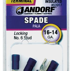 Jandorf 60917 Spade Terminal, 600 V, 16 to 14 AWG Wire, #6 Stud, Vinyl Insulation, Copper Contact, Blue, Tin, 5/PK