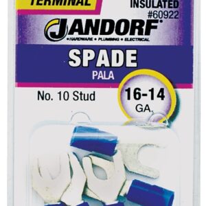 Jandorf 60922 Spade Terminal, 600 V, 16 to 14 AWG Wire, #10 Stud, Vinyl Insulation, Copper Contact, Blue, 5/PK