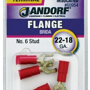 Jandorf 60954 Spade Terminal, 22 to 18 AWG Wire, #6 Stud, Vinyl Insulation, Copper Contact, Red