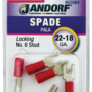 Jandorf 60984 Spade Terminal, 600 V, 22 to 18 AWG Wire, #6 Stud, Copper Contact, Red
