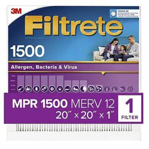 Filtrete 2002-4 Air Filter, 20 in L, 20 in W, 12 MERV, 1500 MPR, For: Air Conditioner, Furnace and HVAC System