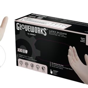 Gloveworks TLF44100 Disposable Gloves, M, Latex, Powder-Free, Ivory, 14.37 in L