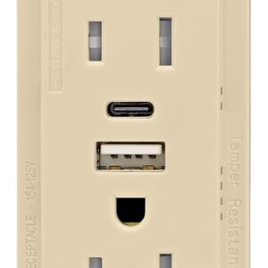 Eaton Cooper Wiring TRUSBAC15 TRUSBAC15V-K-L Receptacle, 2 -Pole, 5 A, 125 VAC, 2 -USB Port, Type A, C USB, Ivory