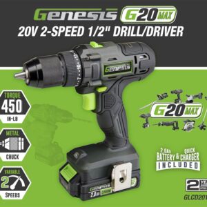 Genesis GLCD2012B Drill Driver, Battery Included, 20 V, 2 Ah, 1/2 in Chuck, Ratcheting Chuck