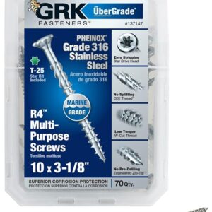 GRK Fasteners 137147 Framing and Decking Screw, #10 Thread, 3-1/8 in L, Flat Head, Star Drive, 316 Stainless Steel
