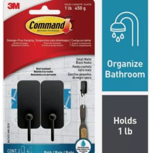Command BATH33-MB-2ESF Small Bath Hook, 1 lb, 2-Hook, Metal, Matte Black