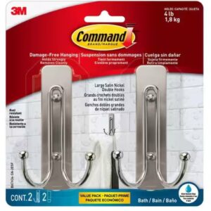 Command BATH36-SN-2ESF Large Bath Hook, 4 lb, 2-Hook, Metal, Satin Nickel