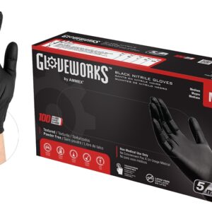 Gloveworks GPNB44100 Non-Sterile Gloves, M, Nitrile, Powder-Free, Black, 13.86 in L