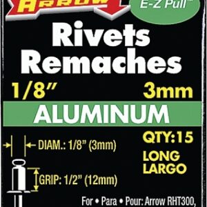 Arrow RLA1/8 Pop Rivet, Long, 1/2 in Grip, 1/2 in L, Aluminum, 15/PK