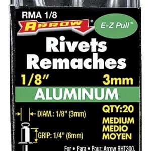 Arrow RMA1/8 Pop Rivet, Medium, 1/4 in Grip, 1/4 in L, Aluminum, Silver, 20/PK