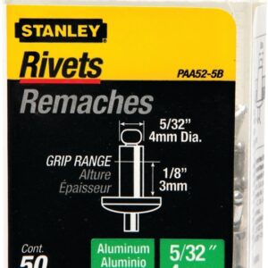 STANLEY PAA52-5B Pop Rivet, Reusable, 1/8 in Grip, 5/32, Aluminum, 50/PK