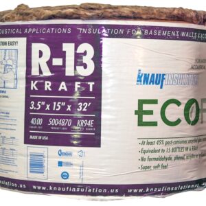 Knauf Insulation KR94E/TAK Kraft Faced Insulation, 32 ft L, 15 in W, R13 R-Value, Fiberglass