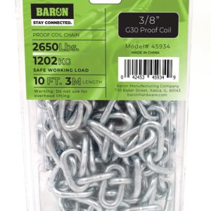 Baron 45934 Proof Coil Chain, 10 ft L, G30 Grade, Steel, Zinc Plated