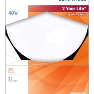 GE 36191 Globe Light Bulb, 40 W, G40 Lamp, E26 Medium Lamp Base, 395 Lumens, 2500 K Color Temp, Soft White Light