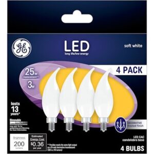 GE Industrial Solutions 37319 LED Bulb, Decorative, 200 Lumens, 3 W, CAC Lamp, E12 Lamp Base, Dimmable, Frosted