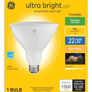 GE 93128005 LED Bulb, PAR38 Lamp, 150 W Equivalent, E26 Medium Lamp Base, Dimmable, 3000 K Color Temp