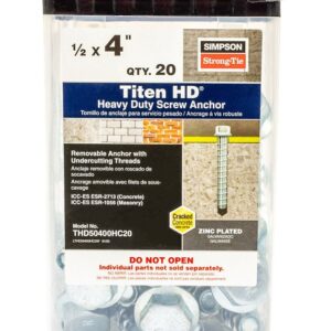 Simpson Strong-Tie Titen HD THD50400HC20 Heavy-Duty Screw Anchor, 1/2 in Dia, 4 in L, Carbon Steel, Zinc Plated