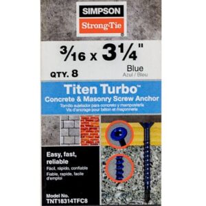 Simpson Strong-Tie Titen Turbo TNT18314TFC8 Screw Anchor, 3/16 in Dia, 3-1/4 in L, Carbon Steel, Zinc Plated