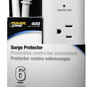 PowerZone OR802013 Surge Protector Power Strip, 125 V, 15 A, 6-Outlet, 400 Joules Energy, White