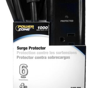PowerZone OR802225 Surge Protector Tap Strip, 125 V, 15 A, 6-Outlet, 1000 Joules Energy, Black