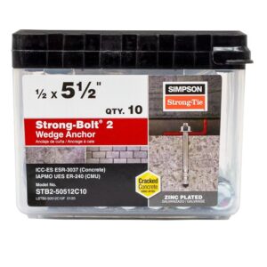 Simpson Strong-Tie Strong-Bolt 2 STB2-50512C10 Wedge Anchor, 1/2 in Dia, 5-1/2 in L, Carbon Steel, Zinc Plated