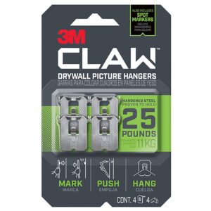 3M CLAW 3PH25M-4ES Drywall Picture Hanger, 25 lb, Steel, Push-In, 4/PK