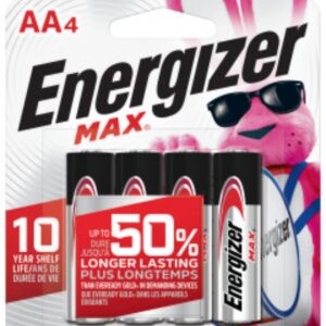 Energizer E91 Series E91BP-4 Battery, 2850 mAh, AA Battery, Alkaline, Manganese Dioxide, Zinc, Silver, 4/PK