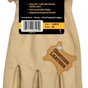Kinco 98-XL Driver's Gloves, Men's, XL, Keystone Thumb, Shirred Elastic Cuff, Cowhide Leather, Tan