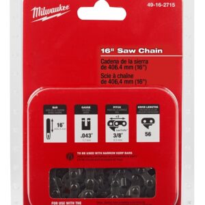 Milwaukee 49-16-2715 Chainsaw Chain, 16 in L Bar, 0.043 in Gauge, 3/8 in TPI/Pitch, 56-Link