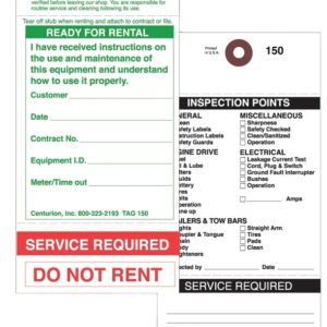Centurion TAG150PT1 Rental Item Tag, READY-TO-RENT/SERVICE REQUIRED, 3-1/8 in W x 6-1/4 in H Dimensions