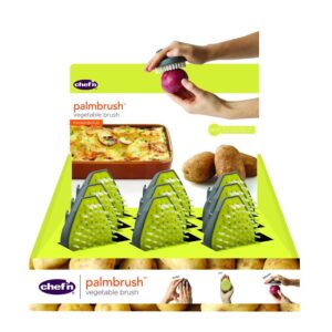 Chef'n 102-216-336 Palm Vegetable Brush, 3-1/2 in OAL, Plastic Handle, Gray/Yellow Handle