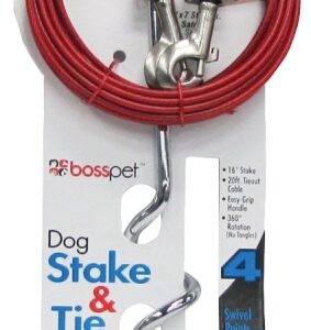 Boss Pet PDQ 01316 Tie-Out/Spiral Stake Combo, 20 ft L Belt/Cable, Steel, For: Large dogs up to 60 lb