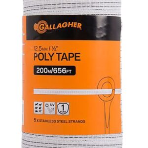 Gallagher G62304 Electric Fence Tape, 656 ft L, 1/2 in W, Stainless Steel Conductor, Polyethylene, White