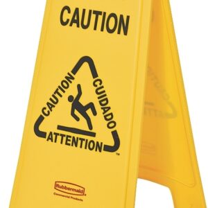 Rubbermaid FG611200 YEL Floor Sign, 11 in W, 25 in H, Yellow Background, Caution, English, French, Spanish